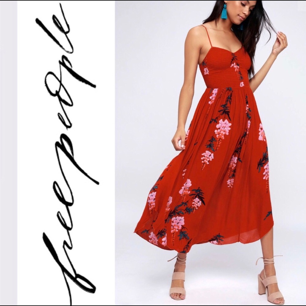 Free People Red Floral Smocked Dress